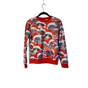 Threadcraft, girls ugly Christmas cat Santa print crewneck sweater, 14/16